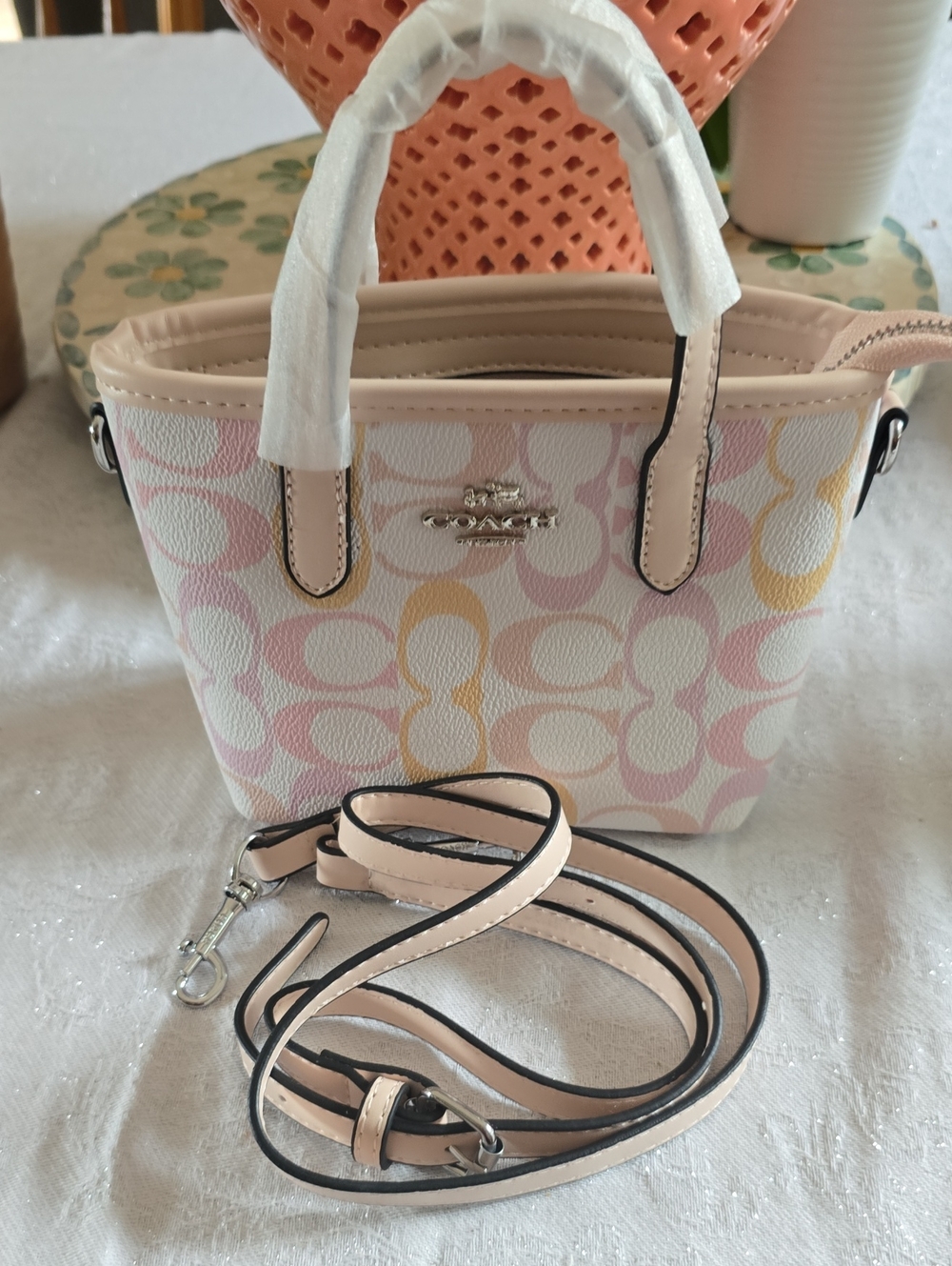 Coach Mini Tote in Pink, Cream & Yellow Signature Print